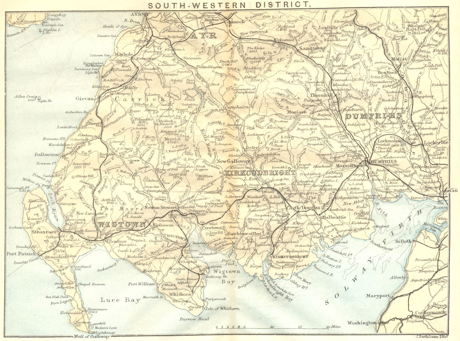 SCOTLAND. South-west District. Wigtown Kirkcudbright Dumfries Ayr 1887 old map